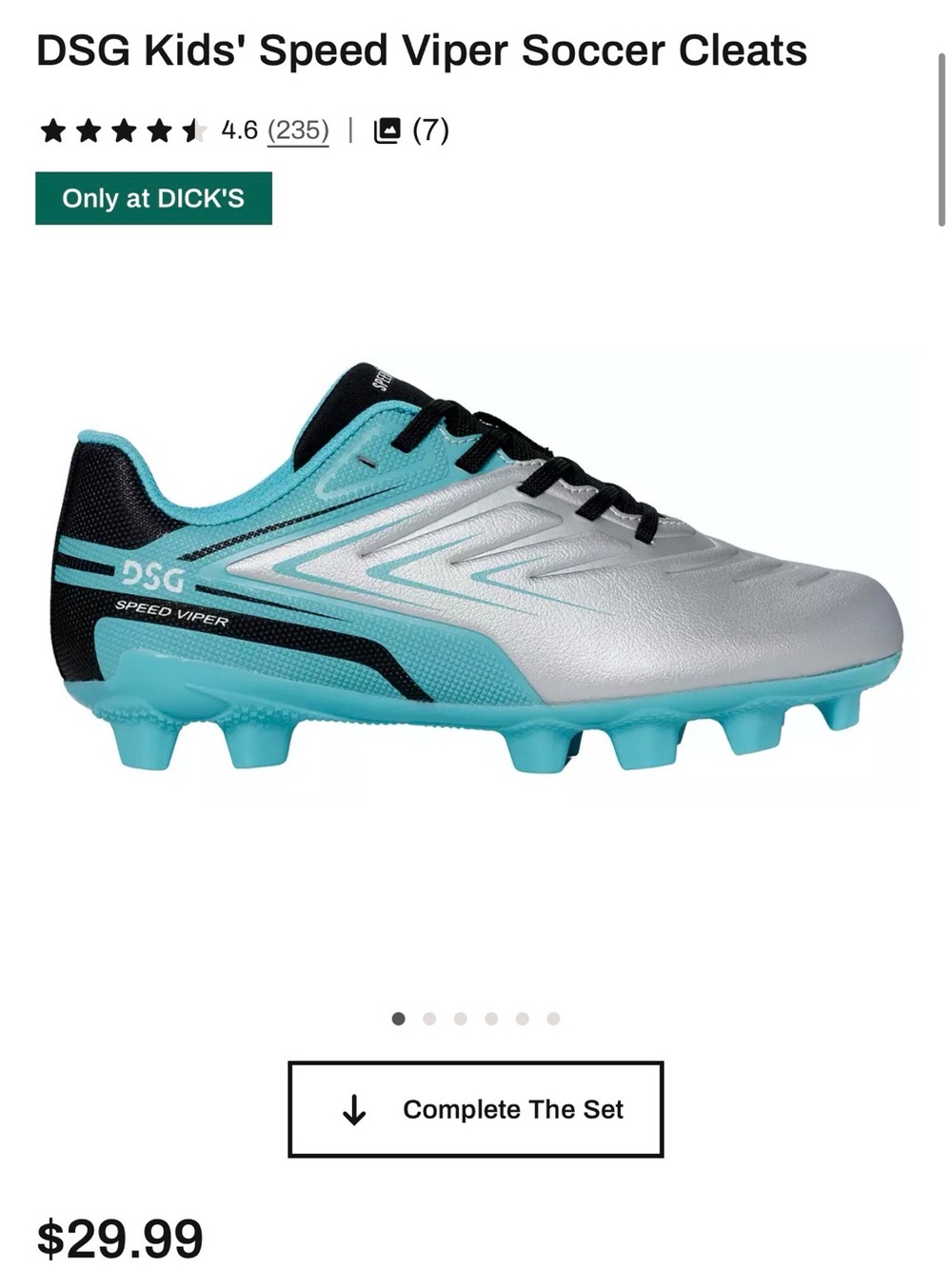 DSG Kids Speed Viper Soccer Cleats - Silver & Teal
